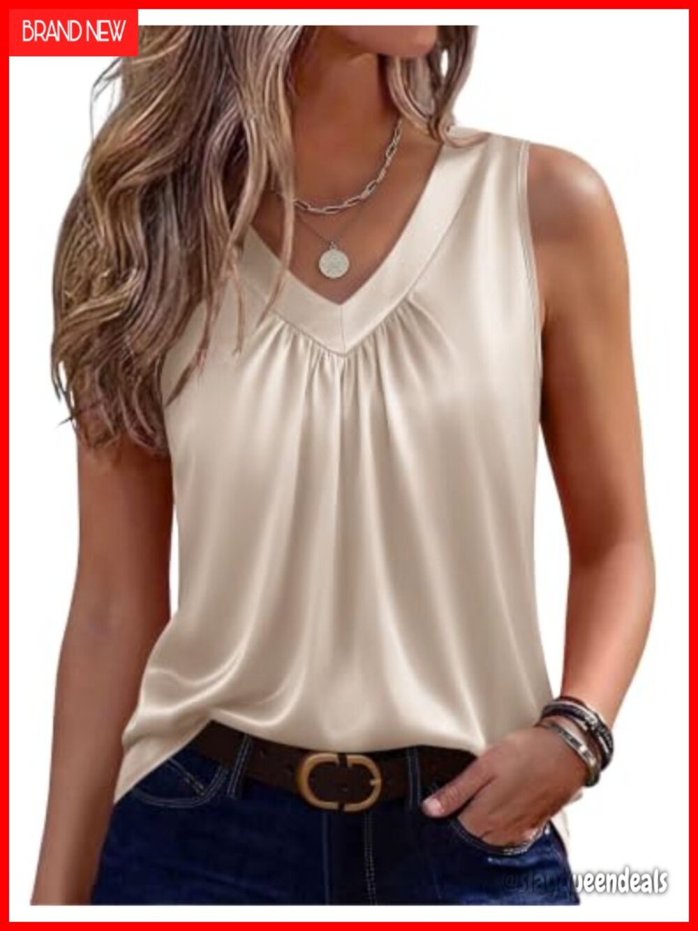 Satin Silk Blend Tank Top Pleated V Neck Sleeveless Blouse
